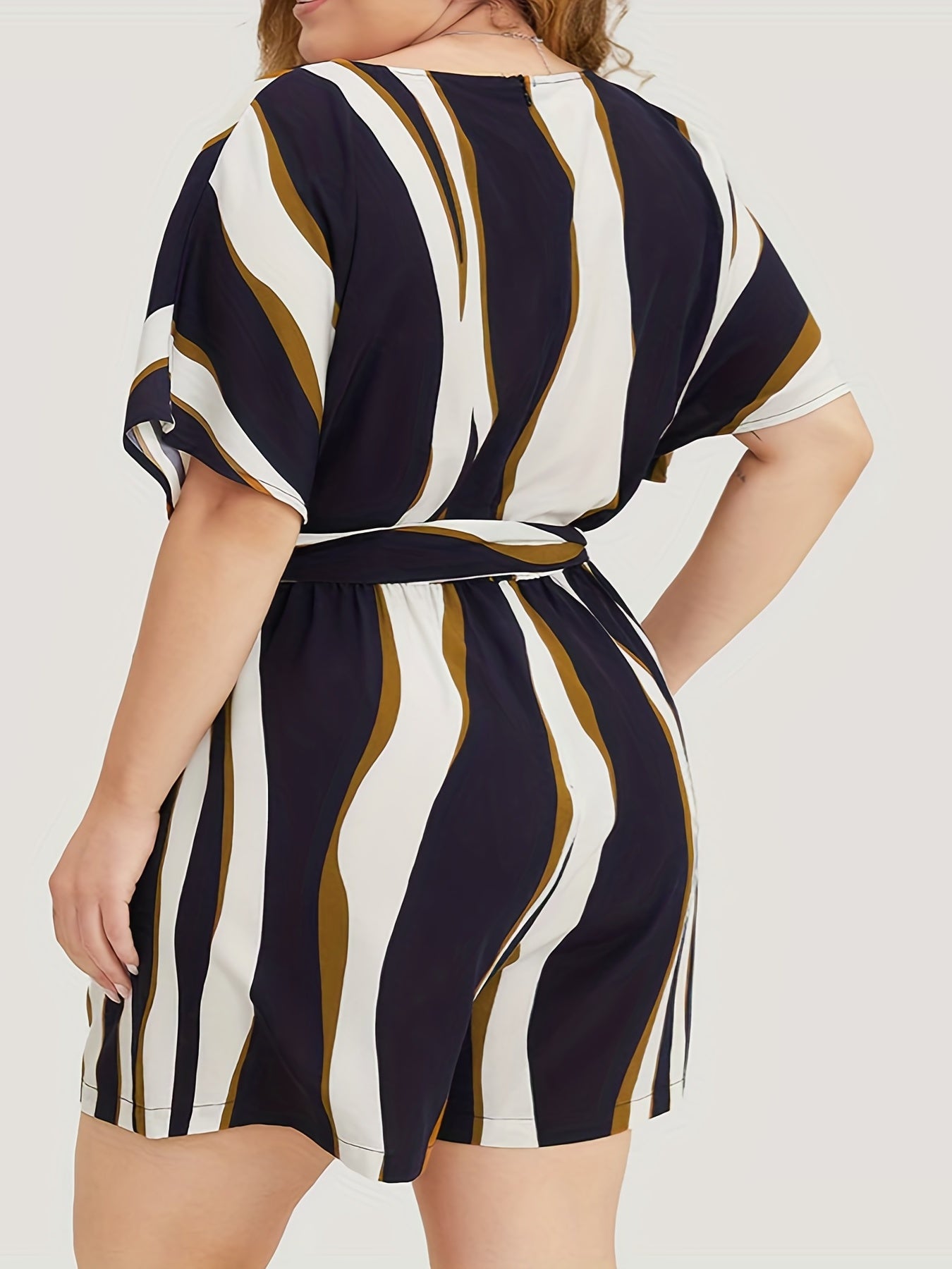 Stripe Print Batwing Sleeve Loose Fit Romper With Belt