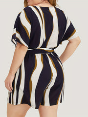 Stripe Print Batwing Sleeve Loose Fit Romper With Belt