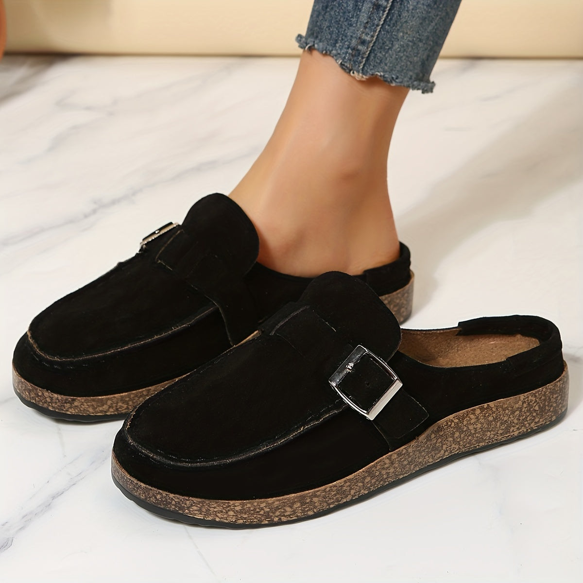 Women's Flat Cork Mules with Buckle Decor