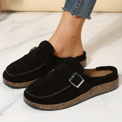 Women's Flat Cork Mules with Buckle Decor