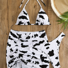 Cow Print Halter Tie Neck Bikini & Wrap Cover Up Set