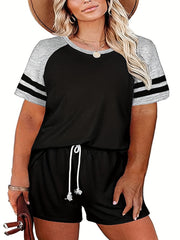 Colorblock Stripe Print Tee & Drawstring Shorts Set