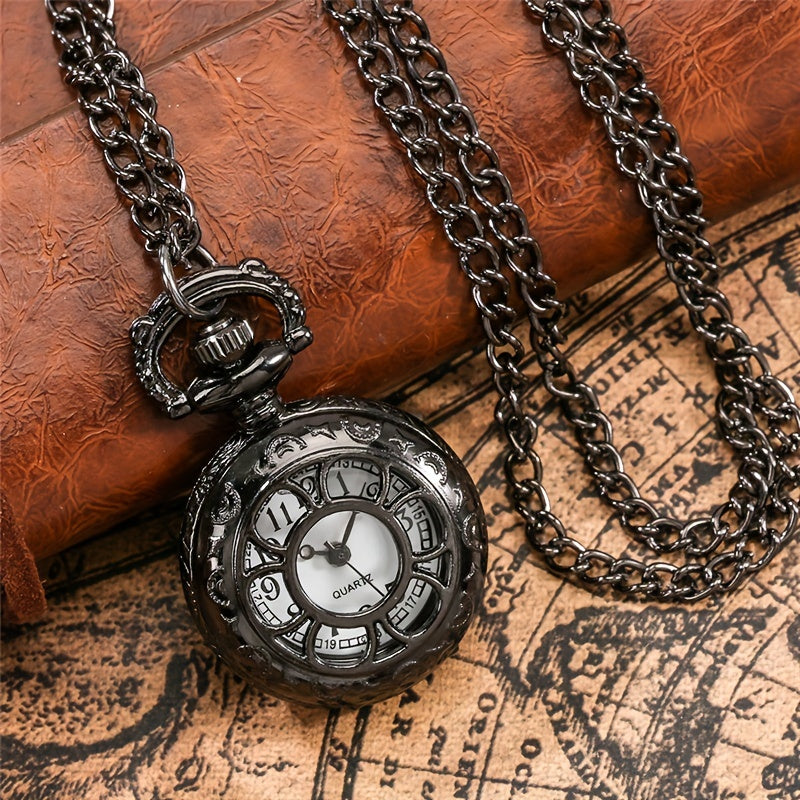 Hollow Flower Cover Pocket Watch Quartz Movement Necklace Chain