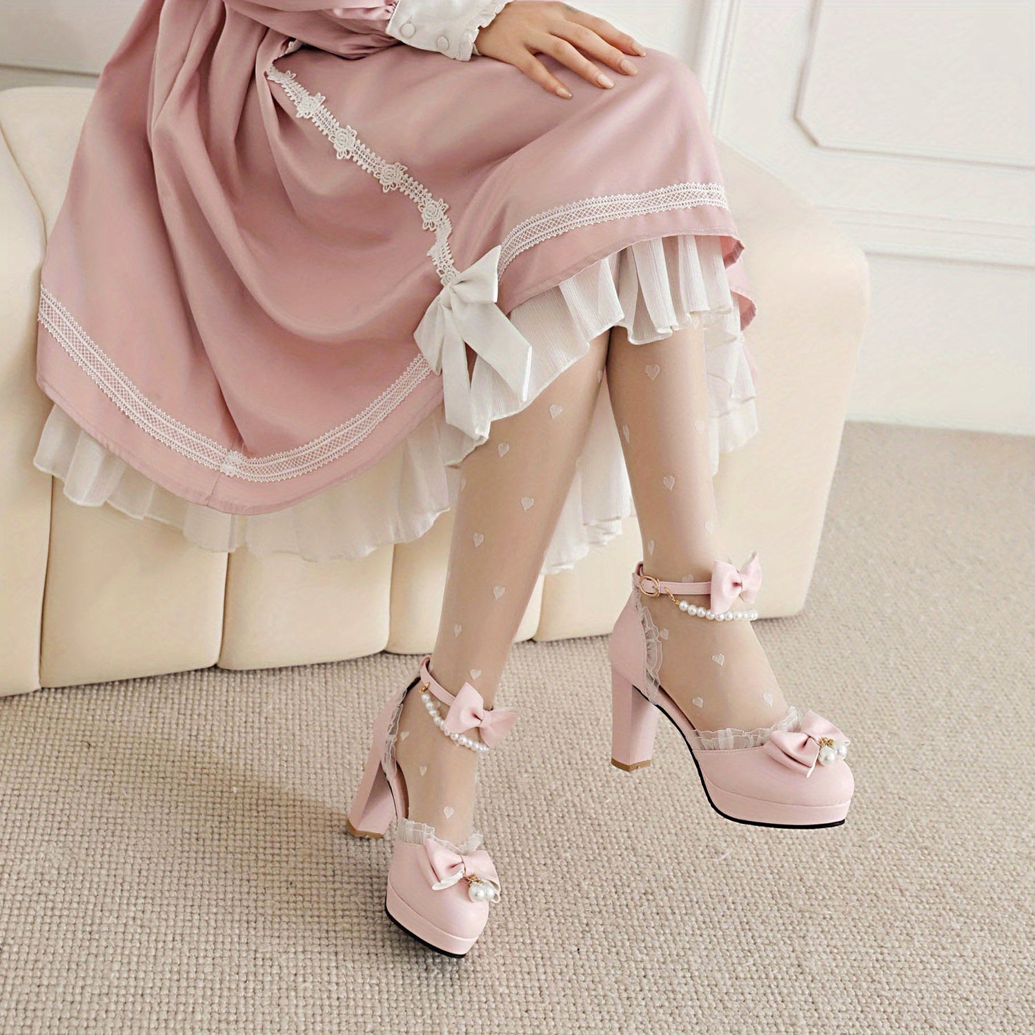 Women's Bowknot Mary Jane Lace Chunky Heeled Shoes