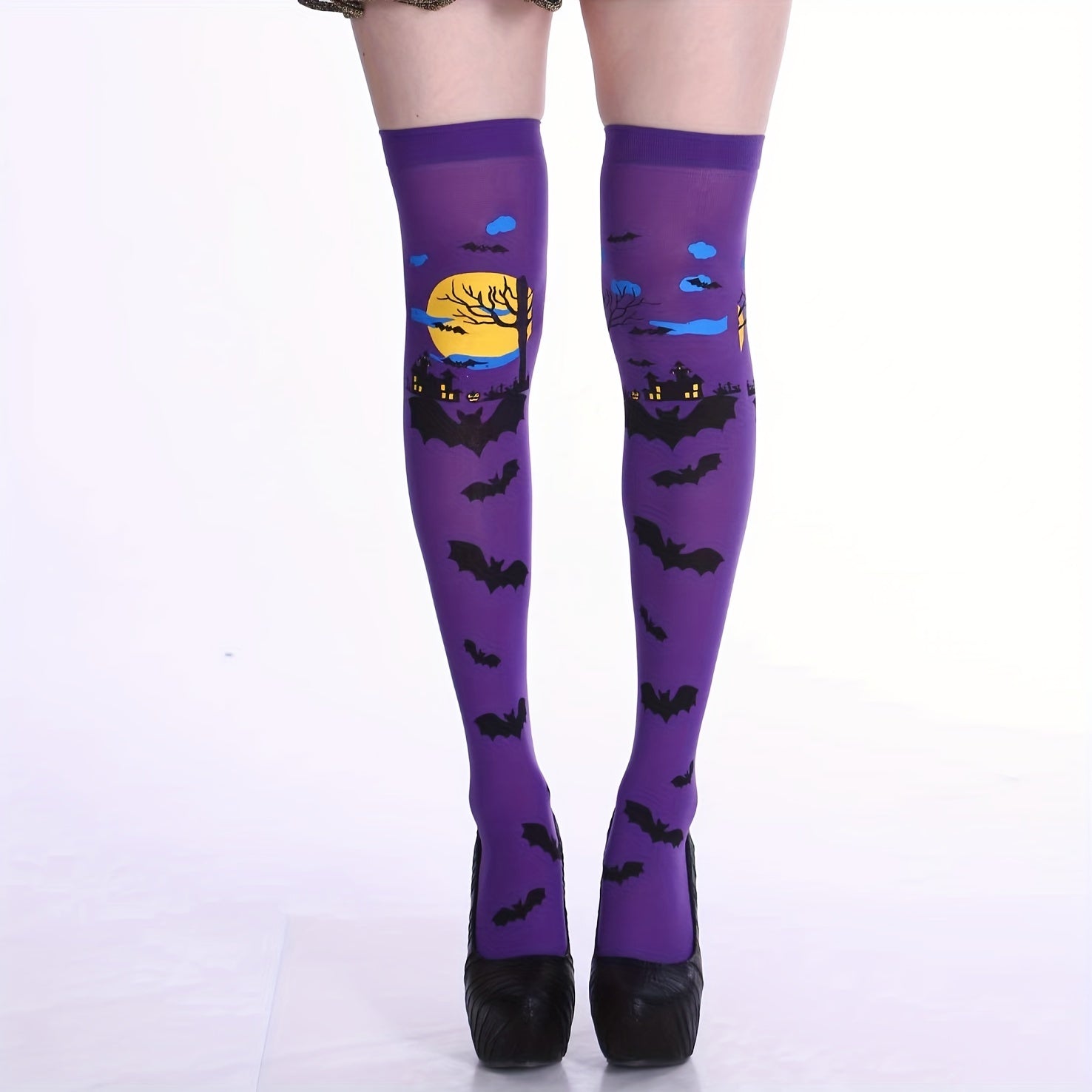Bat Print Thigh High Socks Halloween Over The Knee Stockings