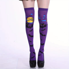 Bat Print Thigh High Socks Halloween Over The Knee Stockings
