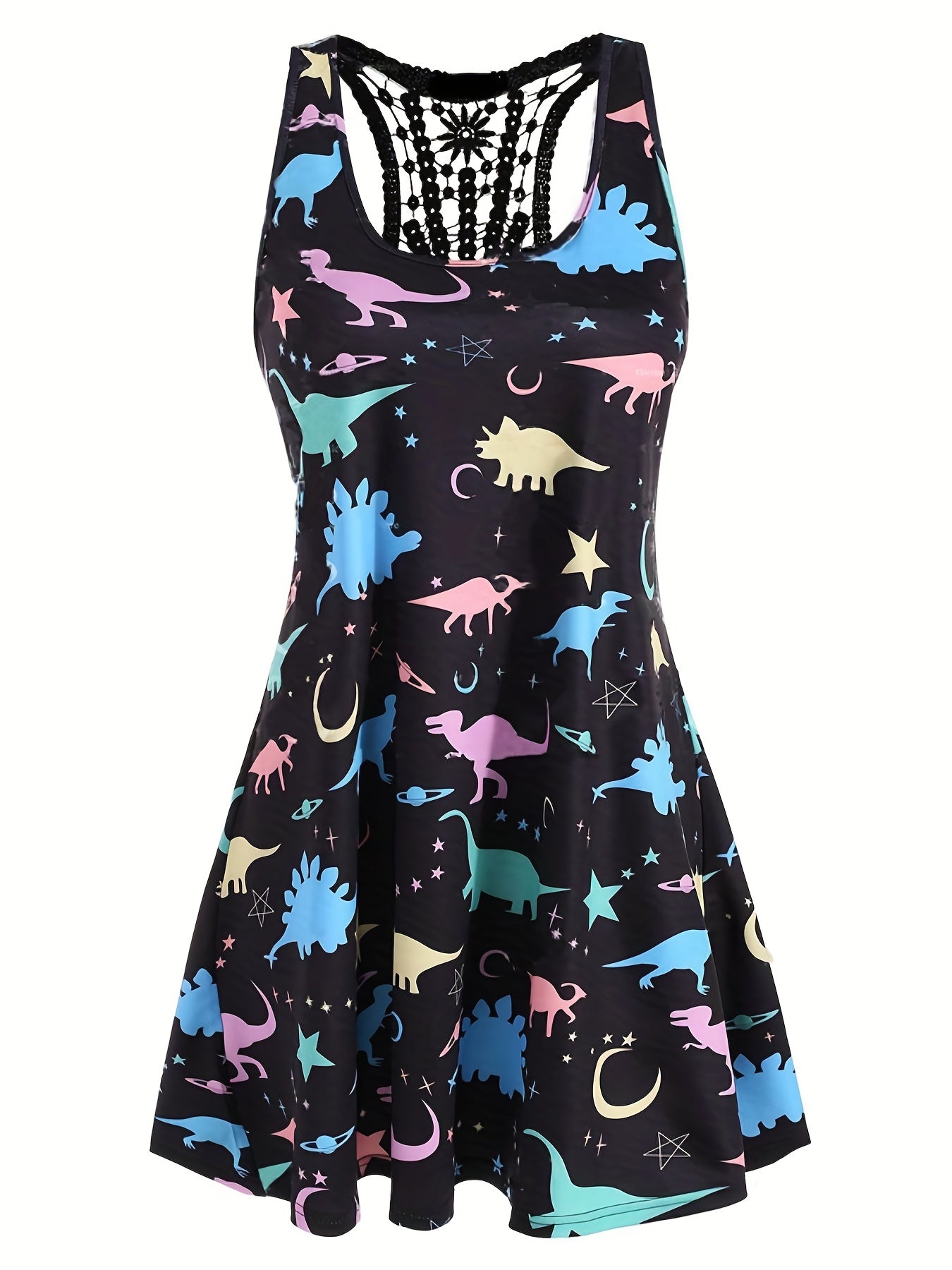 Dinosaur Print Tank Dress with Lace Panel