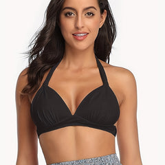 Solid Ruched Halter Neck Bikini Top