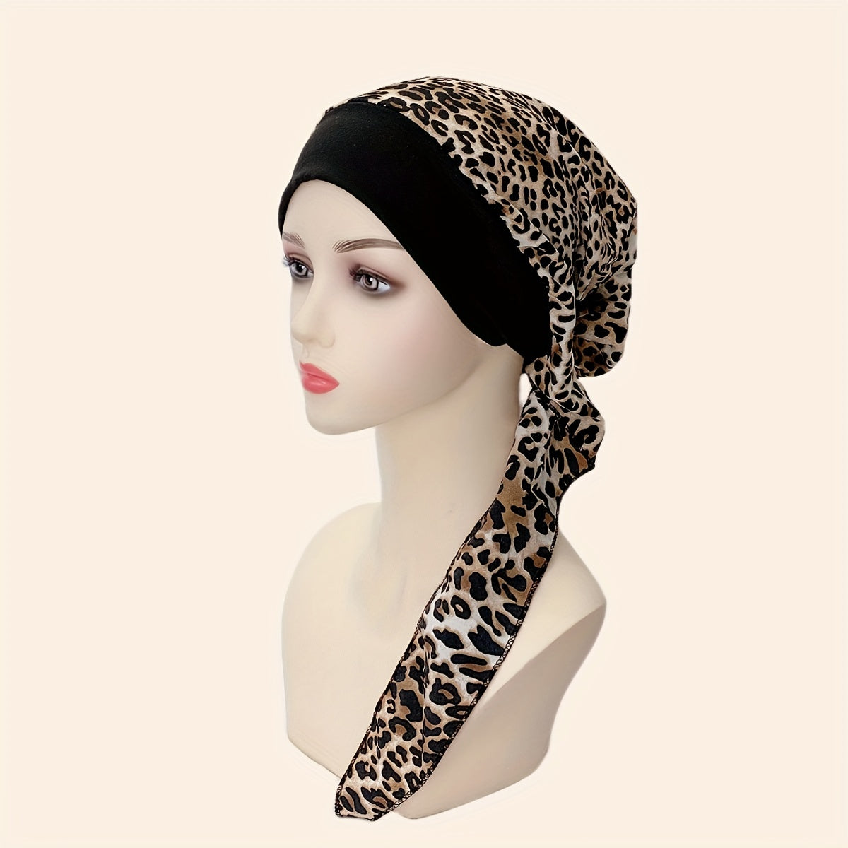 Leopard Print Turban Cap Casual Head Wraps Elastic Headscarf Women