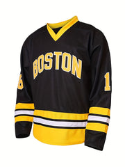 Men's Embroidery Ice Hockey Jersey Vintage Stripe V Neck Long Sleeve