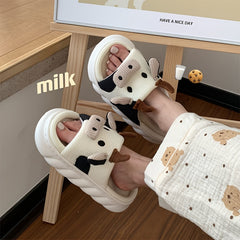 Women's Cow Plush Slippers Comfy Open Toe Slides Anti-slip Home Shoes