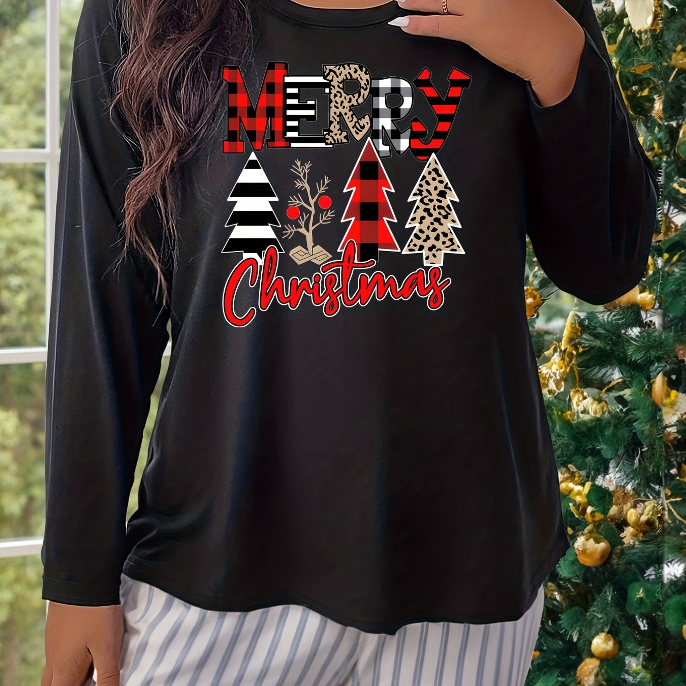 Christmas Lounge Top Women's Plus Christmas Tree Print Long Sleeve
