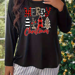 Christmas Lounge Top Women's Plus Christmas Tree Print Long Sleeve