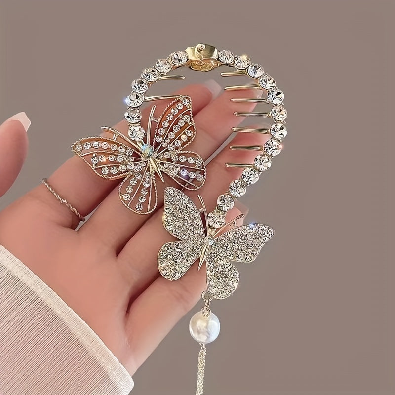 Golden Butterfly Tassel Hair Clip Rhinestones Bun Buckle Women Girls Party Decor