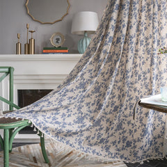 American Flower Cotton and Linen Curtain with Beige Fringed