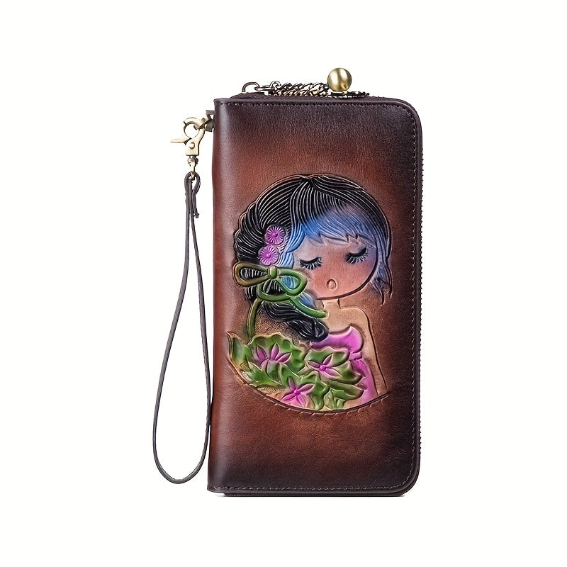 Handcrafted Leather Women's Wallet Floral & Illustration Zipper