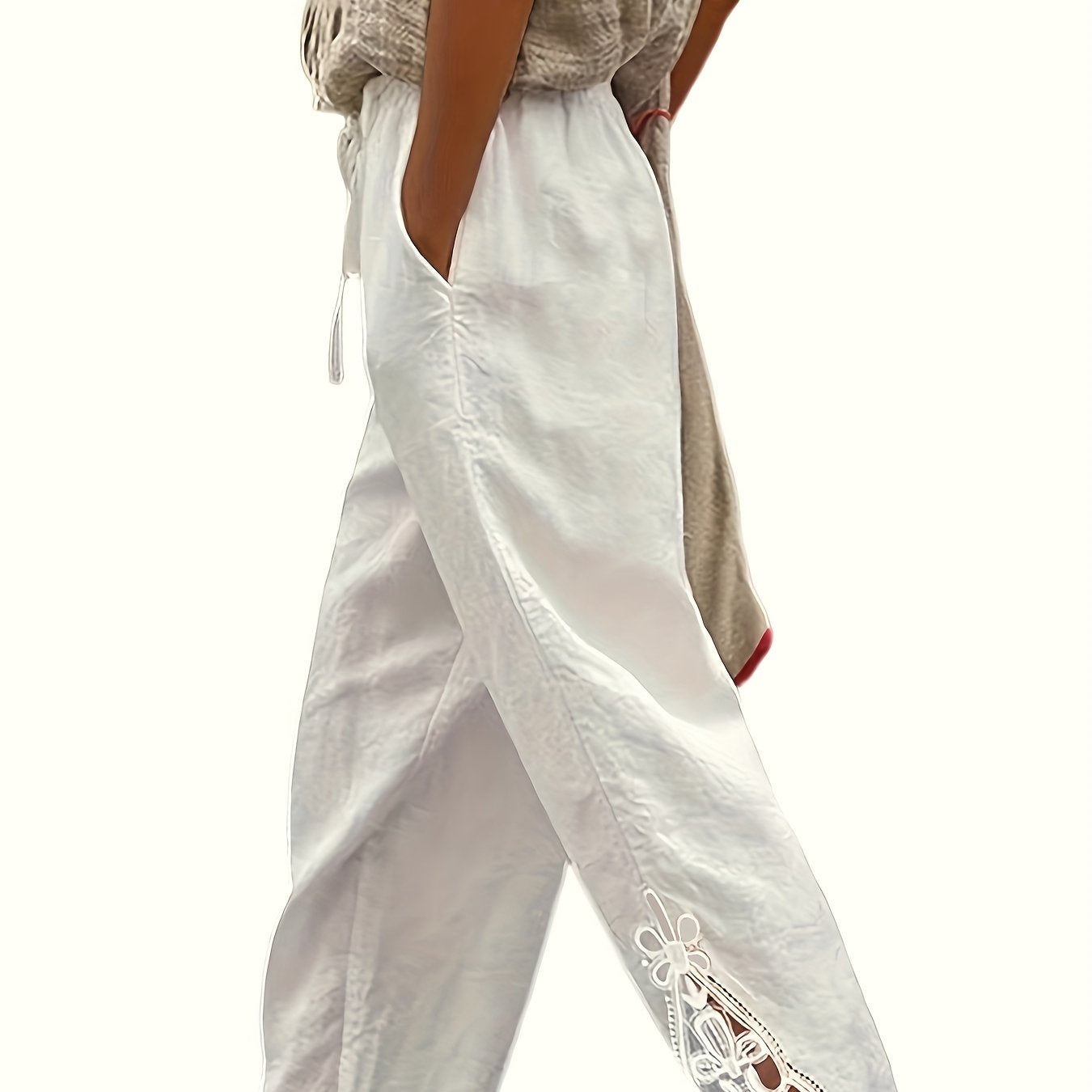 Lace Drawstring Waist Pants Solid Loose Casual Pants