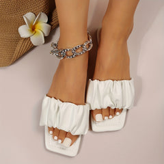 Women's Pleated Slide Sandals Square Toe Comfy Slip On Flats