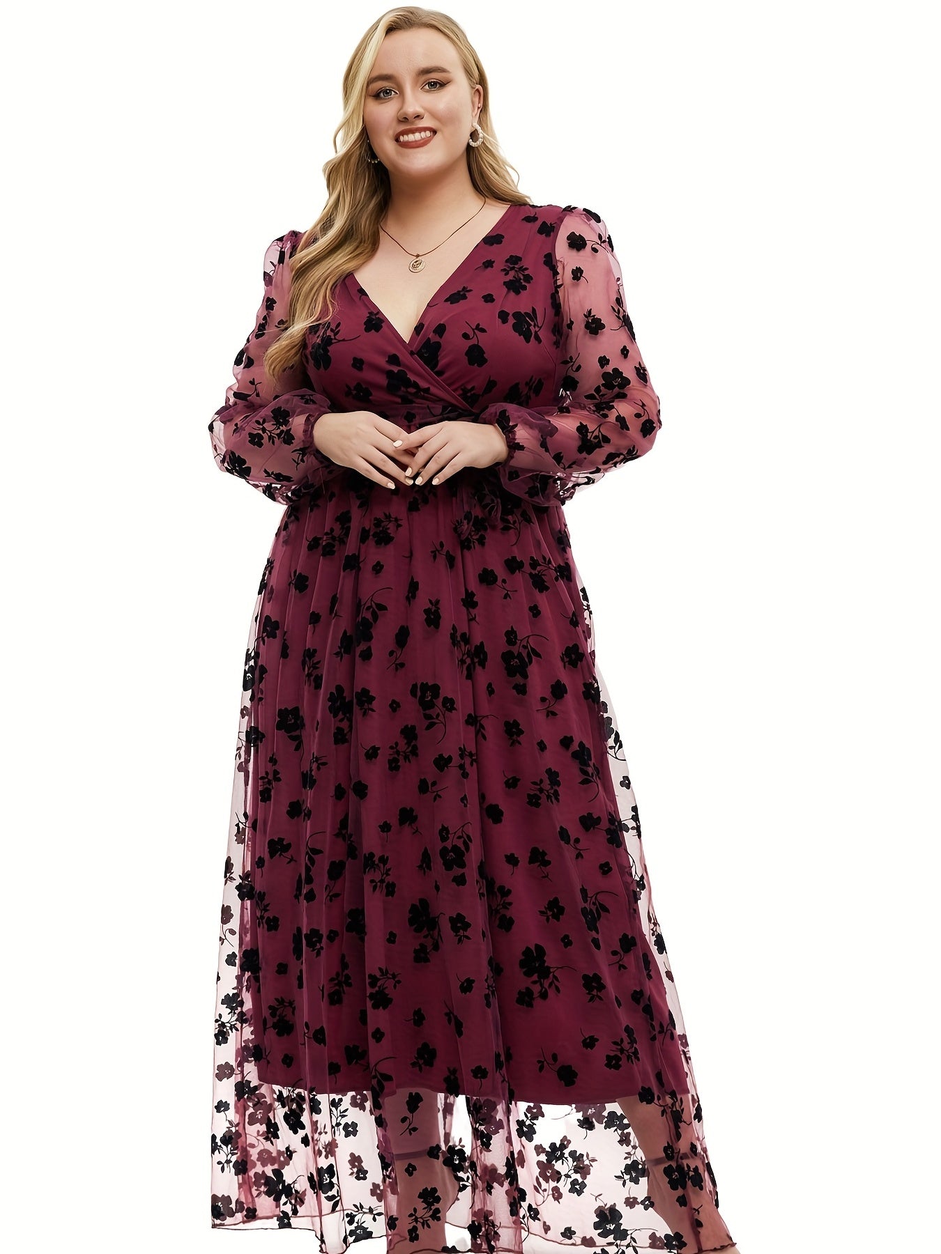 Women's Floral Print Surplice Neck Mesh Dress