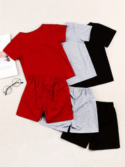 3pcs Boys Smile Face Print Short Sleeve T shirt & Sports Shorts Set