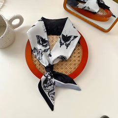 Vintage Butterfly Print Twilly Scarf Satin Neckerchief French Style Hair Ribbon