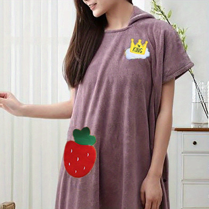 Strawberry Embroidery Bathrobe Quick Drying Absorbent Wrap Towel With Hood