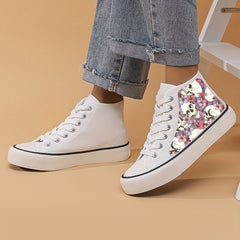 Skull & Flower Pattern High Top Skate Shoes Non Slip Lace Up Sneakers