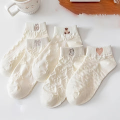 5 Pairs Sweet Bear & Heart Print Ankle Socks Women's Stockings