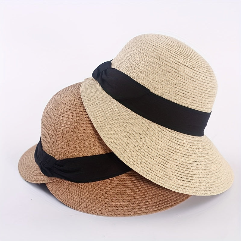 Bowknot Split Straw Sun Hat Wide Brim UV Protection Travel Beach Hats