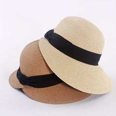 Bowknot Split Straw Sun Hat Wide Brim UV Protection Travel Beach Hats