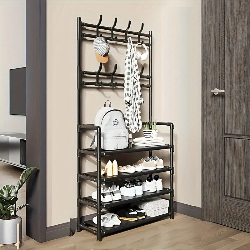 Entrance Coat Rack Shoe Rack with Storage Shelves and Hooks