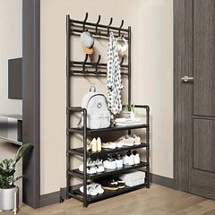 Entrance Coat Rack Shoe Rack with Storage Shelves and Hooks