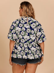Floral Print Halter Neck Short Sleeve Blouse Plus Size