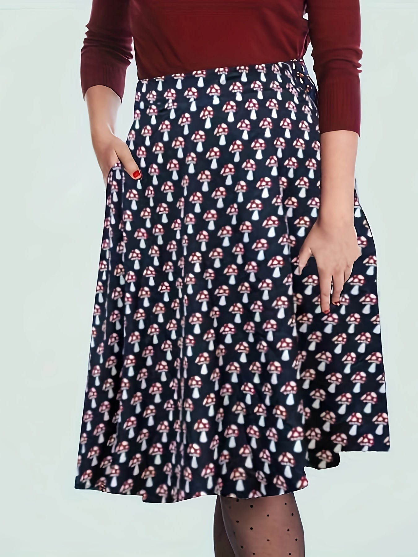 Mushroom Print A-line Maxi Skirt with Pockets