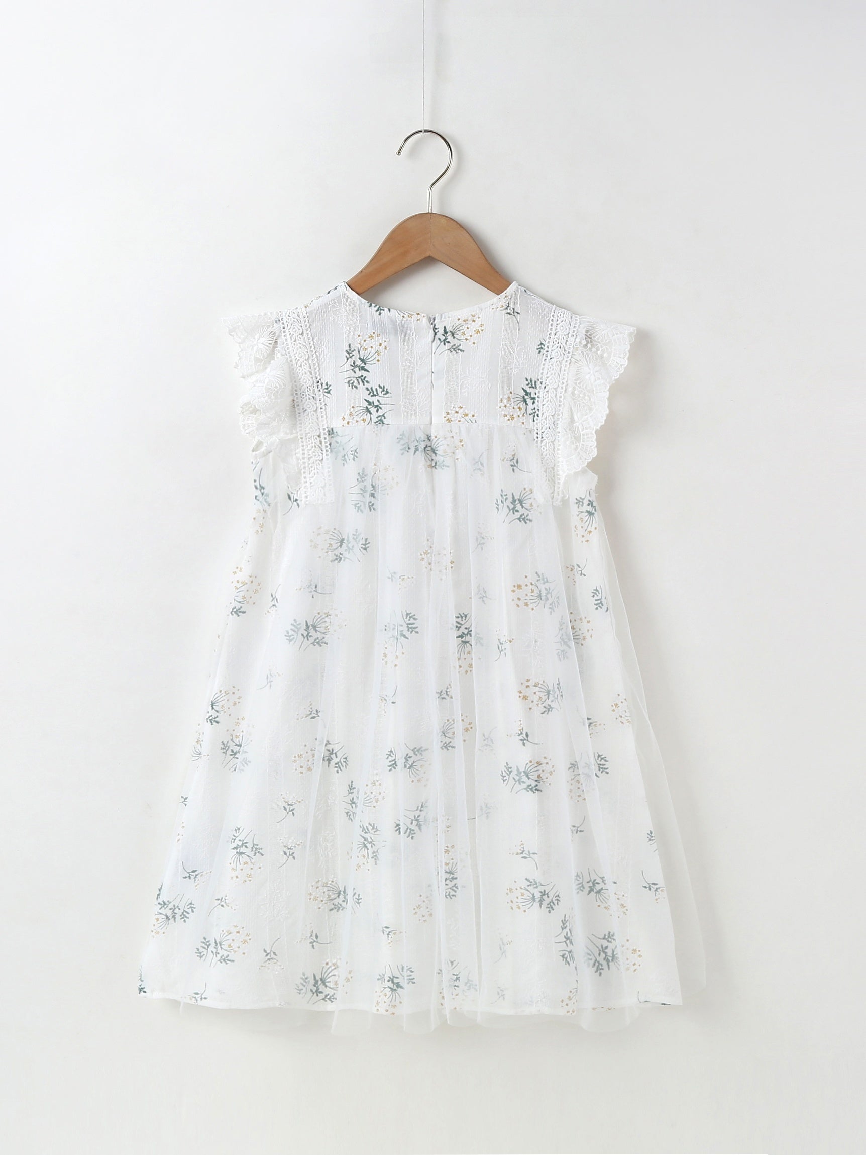 Girls Lace Ruffled Sleeves Floral Print Princess Dress
