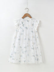 Girls Lace Ruffled Sleeves Floral Print Princess Dress