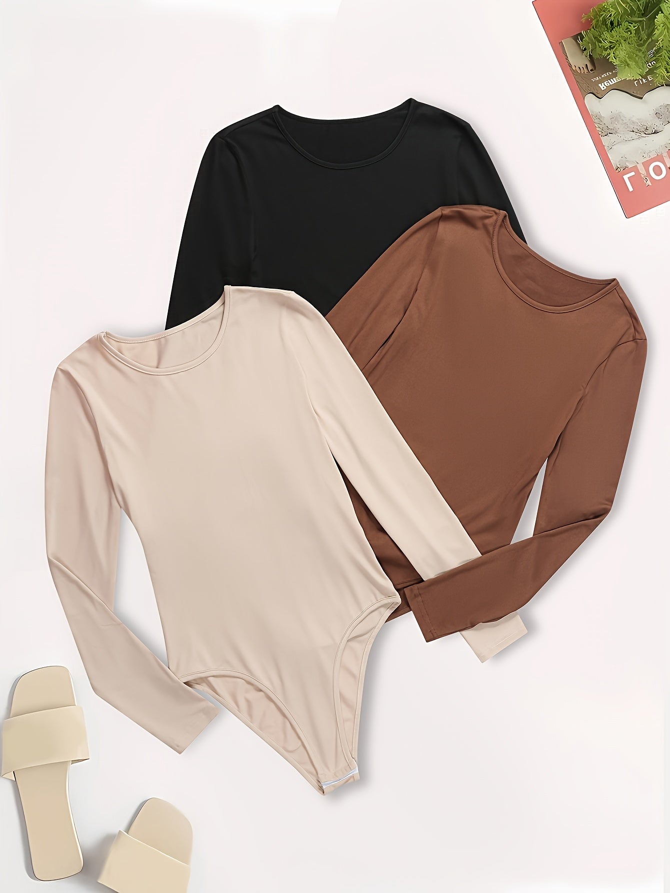 3 Pack Women's Plus Solid Long Sleeve Bodysuit Set