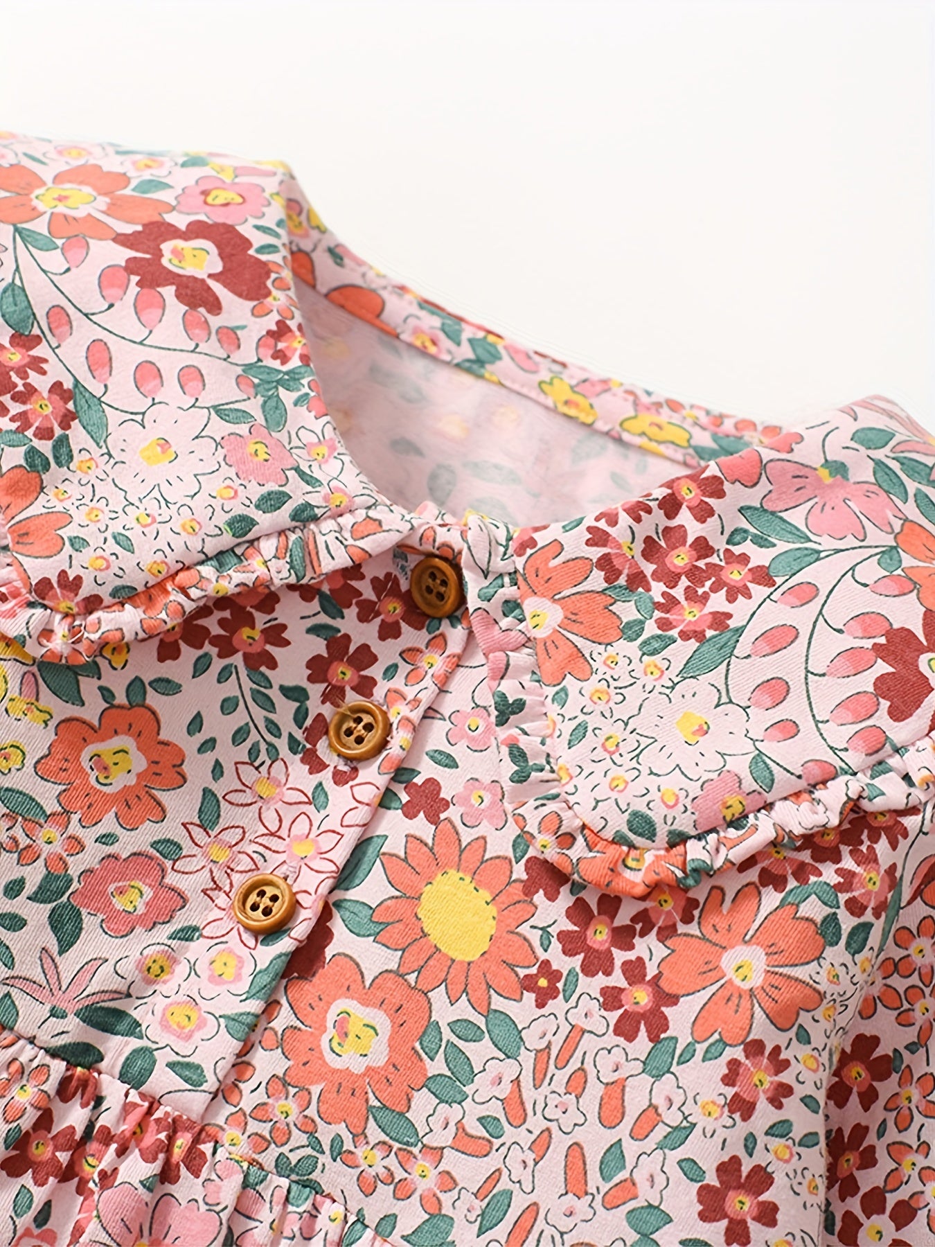 Girls Long Sleeve Pink Floral Button Dress