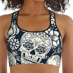 Gothic Skull Print Racer Back Sports Bra
