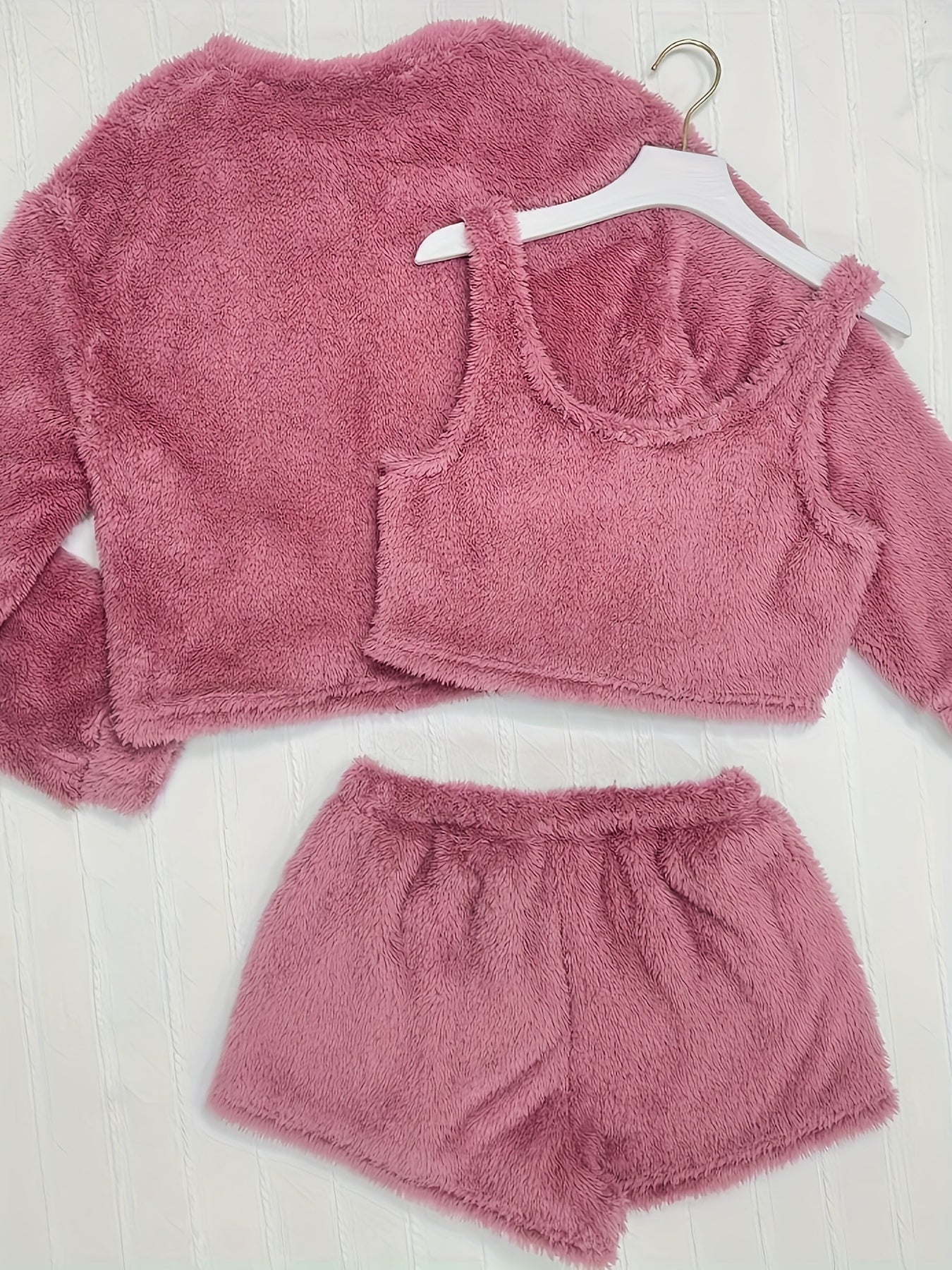 Cozy Fleece Loungewear Set: Long Sleeve Top, Tank Top & Shorts