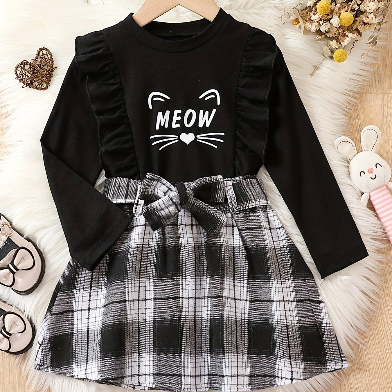 Baby Girls Cat Face Top & Plaid Skirt Set