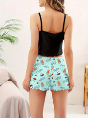 Coffee Print Pajama Set Crew Neck Cami Top & Elastic Waistband Shorts