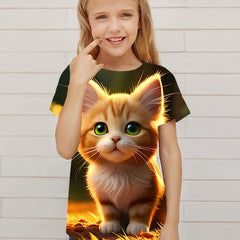 Comfy 3D Cat Graphic T shirt Girls Casual Short Sleeve Tees