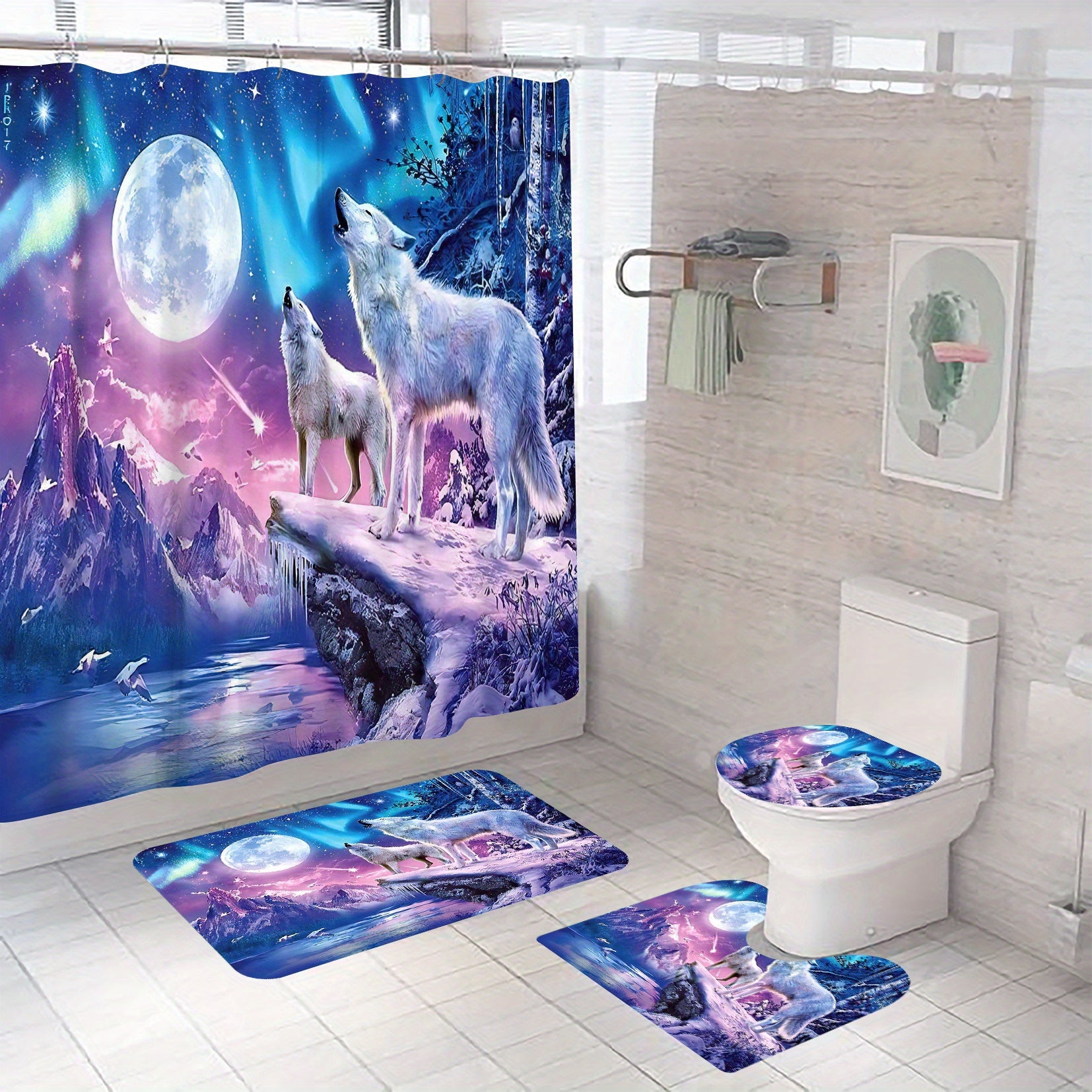 Moon Wolf Shower Curtain Set with 12 Hooks and Toilet Covers