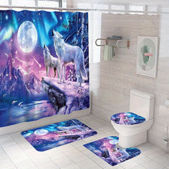 Moon Wolf Shower Curtain Set with 12 Hooks and Toilet Covers