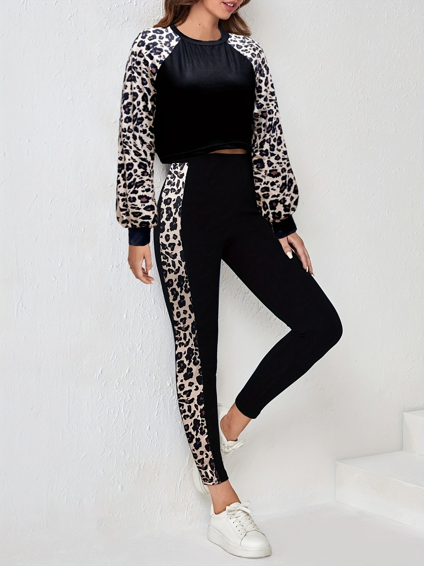 Leopard 2pc Set Long Sleeve T-shirt & Leggings Outfit Women's Clothing
