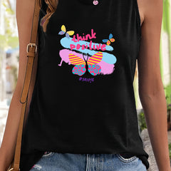 Butterfly & Letter Print Sleeveless Sports Vest Women's Casual Tops