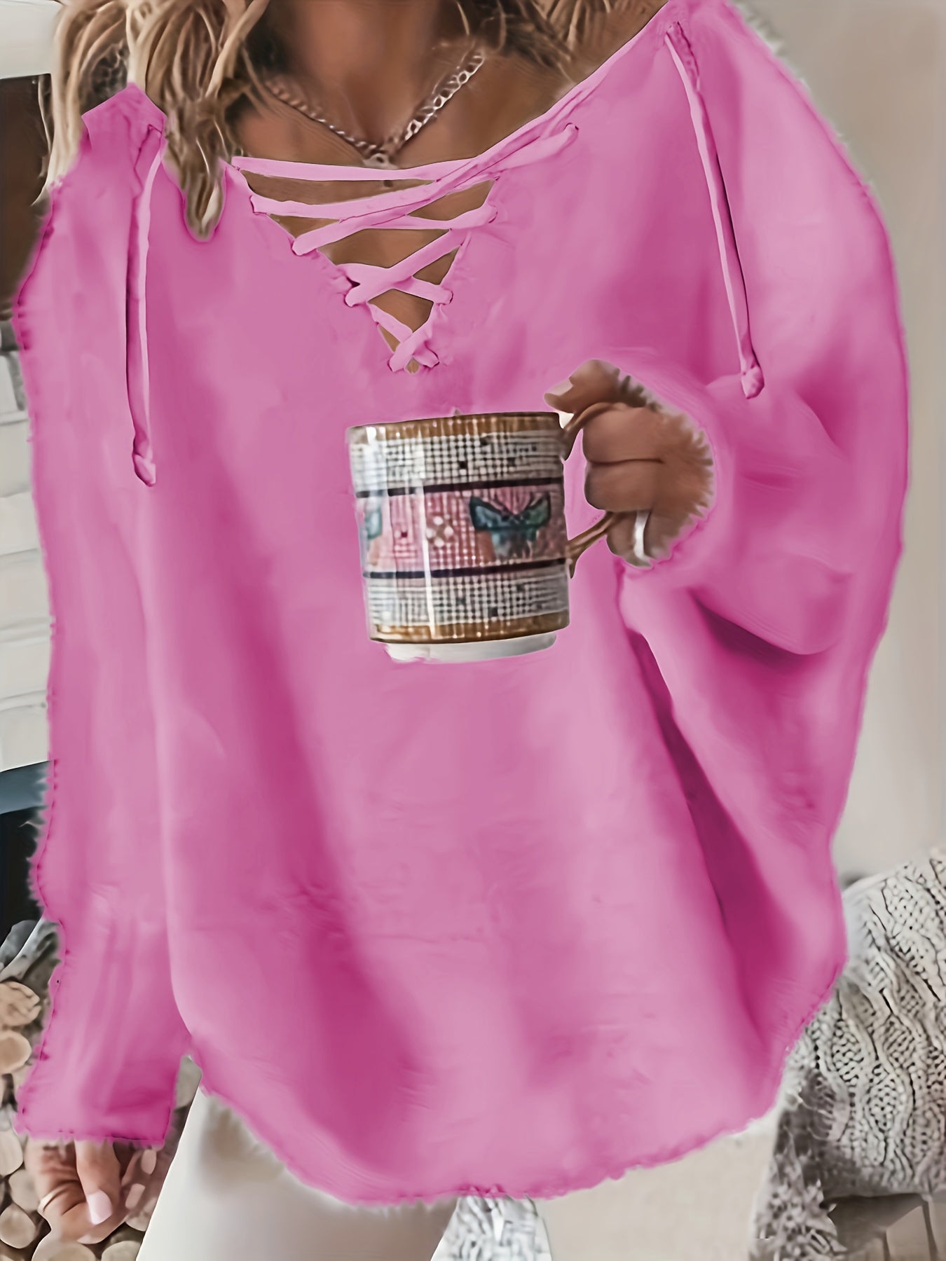 Solid Eyelash Bat Sleeve Lace Up Jumper