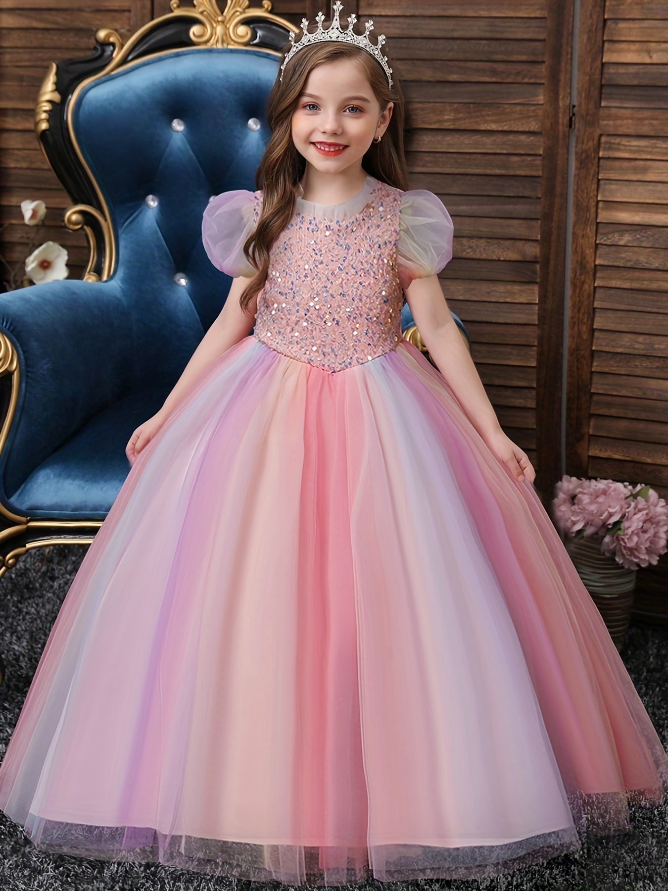 Girls Sequin Mesh Princess Skirt Ball Gown