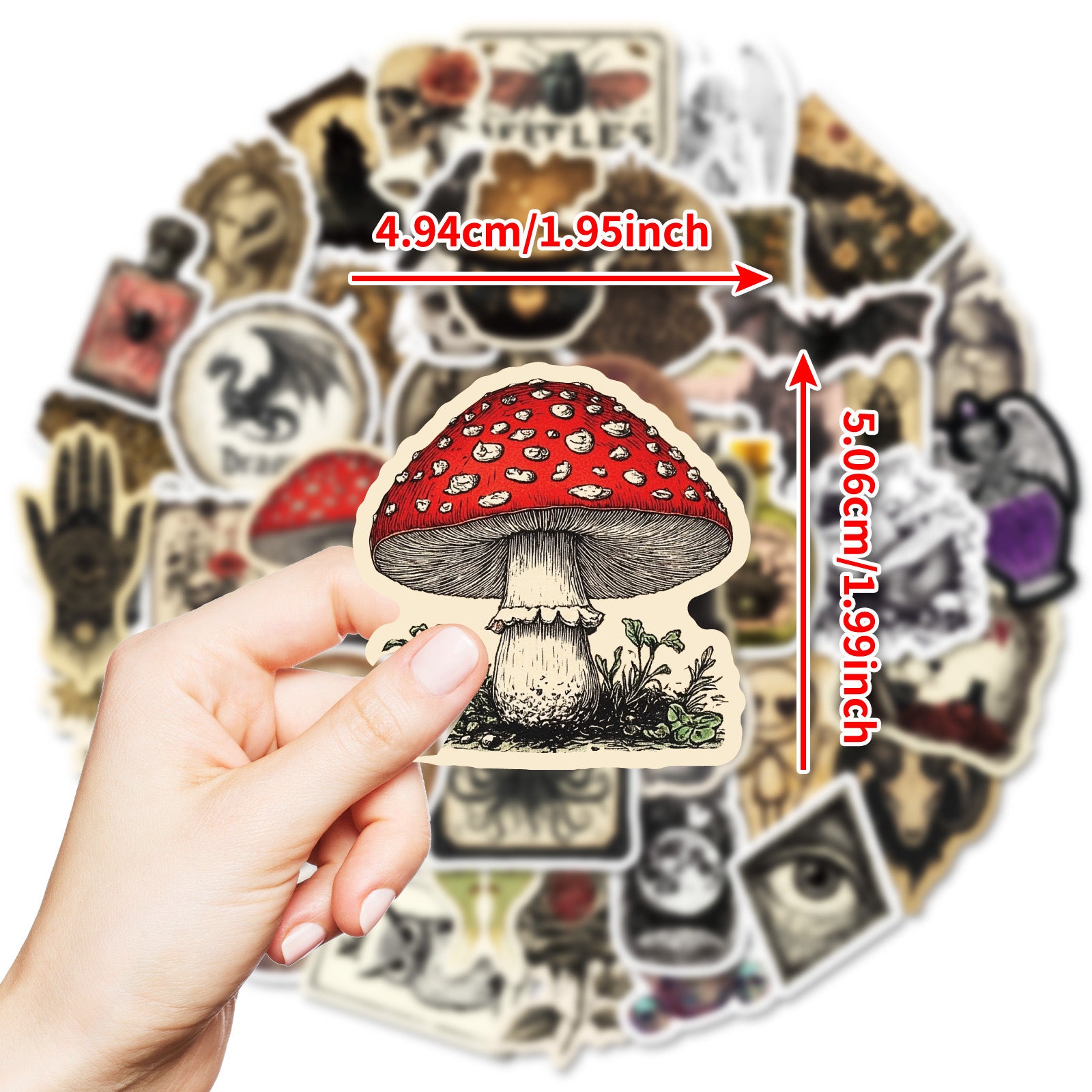 50pcs Vintage Goth Stickers Waterproof Vinyl Decals Skull Mushroom Bat Dragon